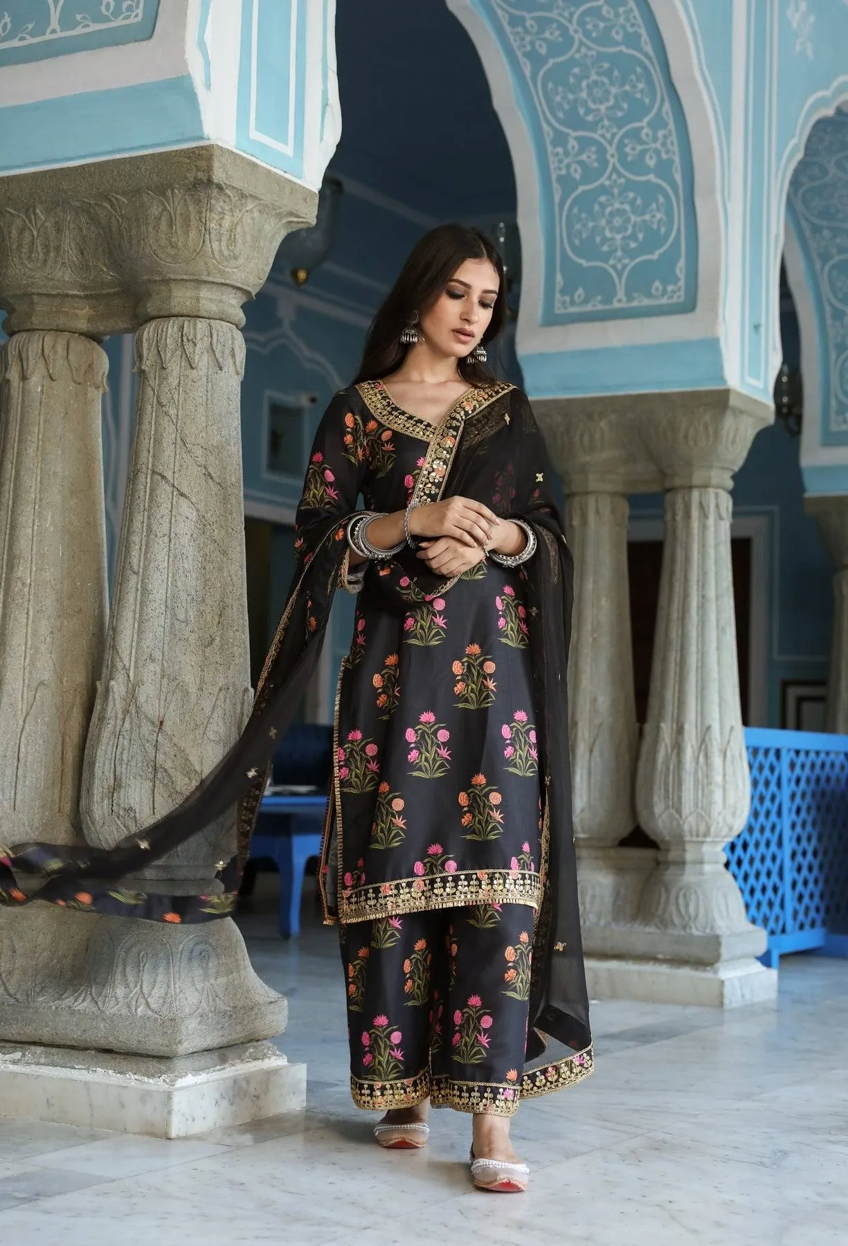 Black Printed Kurta Palazzo Set with Dupatta