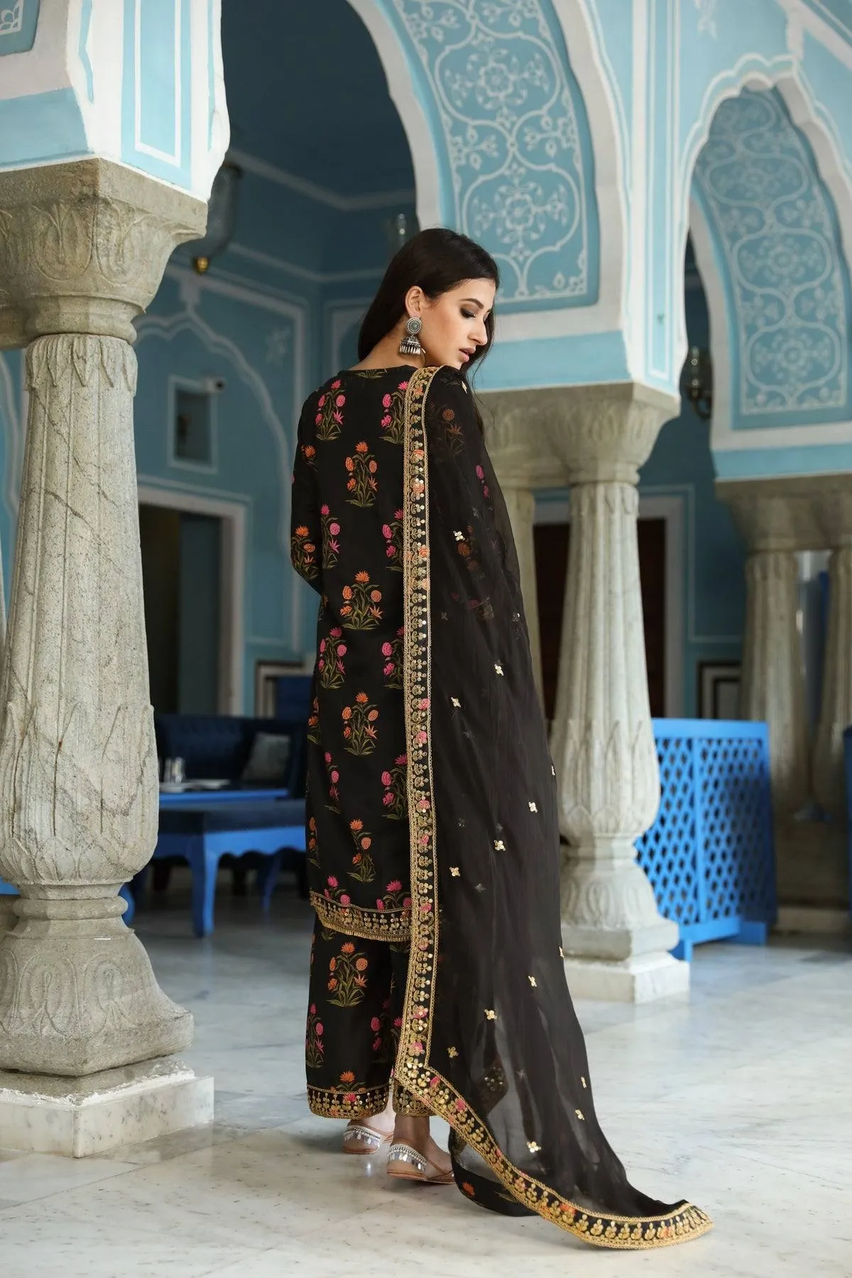 Black Printed Kurta Palazzo Set with Dupatta