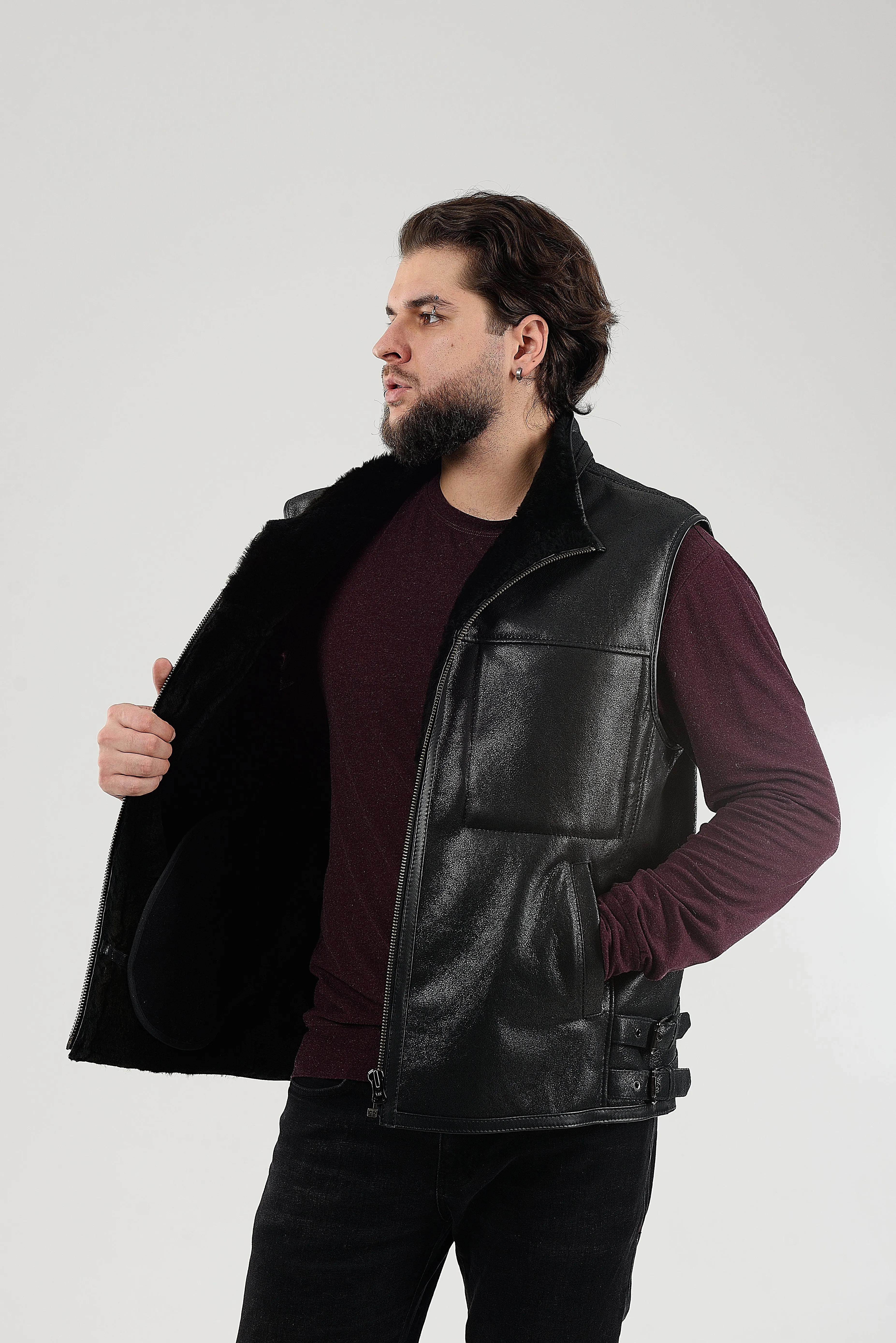 Black Sheepskin Shearling Vest with Special Spray Coating with Front-Zip Pocket