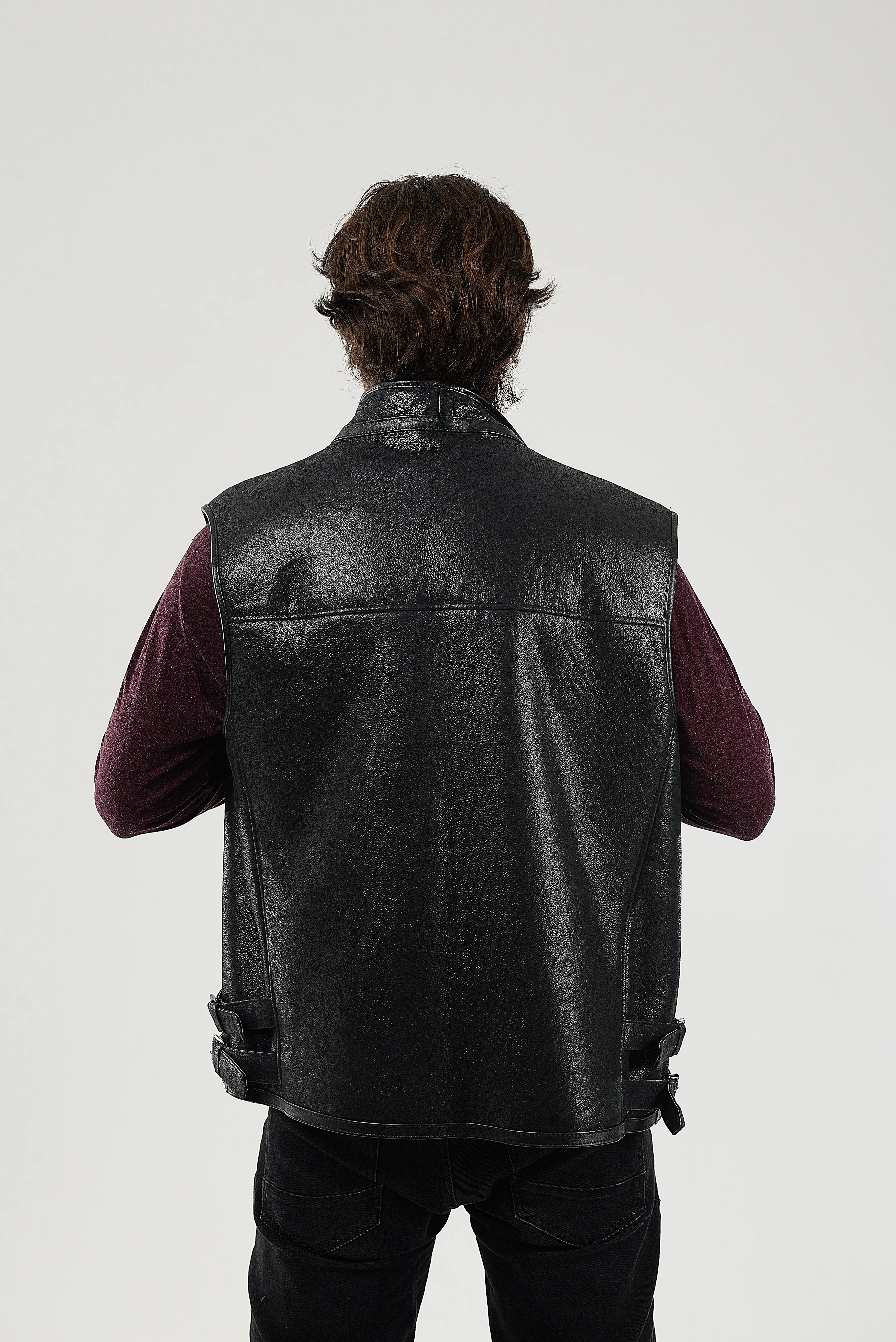 Black Sheepskin Shearling Vest with Special Spray Coating with Front-Zip Pocket