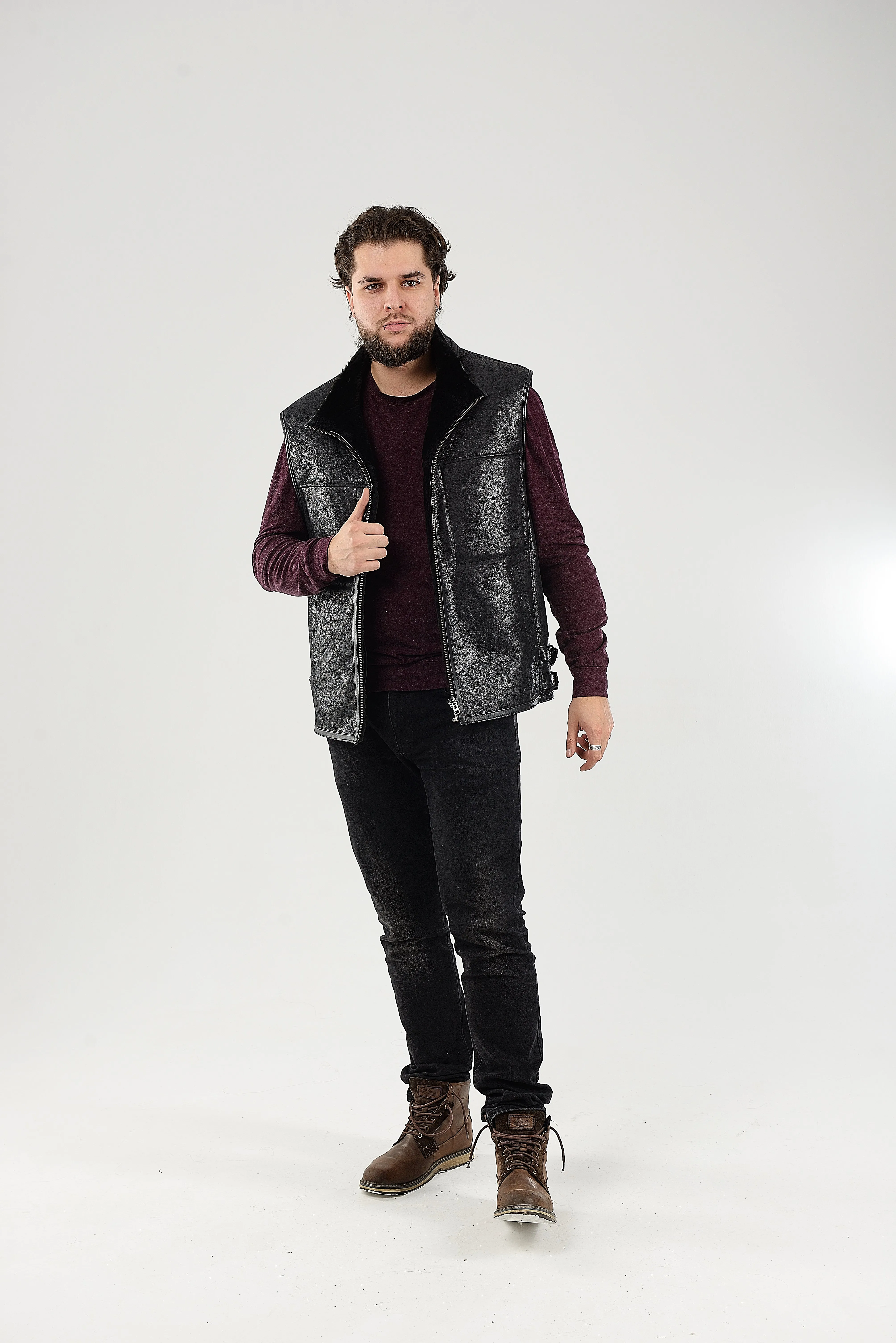 Black Sheepskin Shearling Vest with Special Spray Coating with Front-Zip Pocket