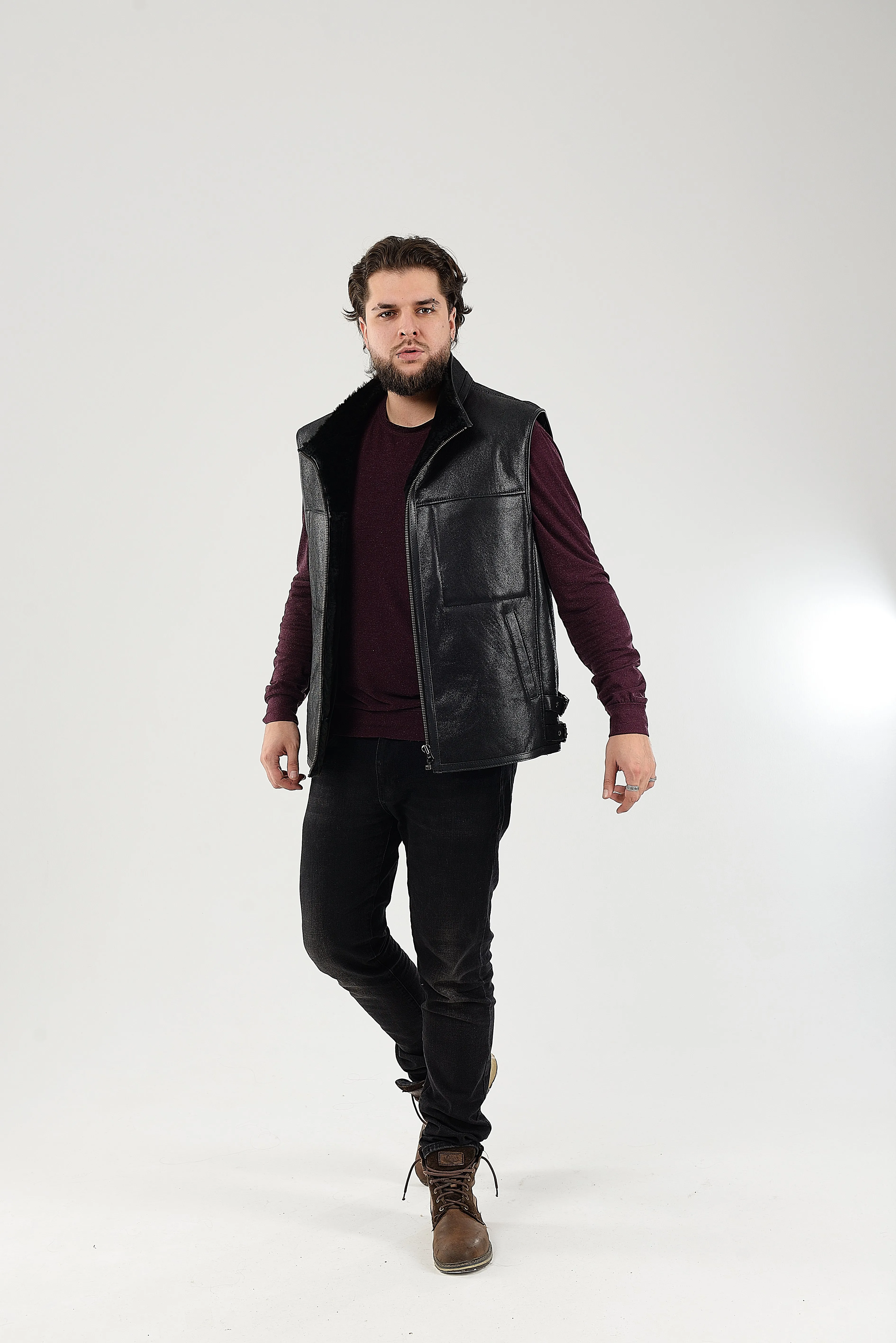 Black Sheepskin Shearling Vest with Special Spray Coating with Front-Zip Pocket