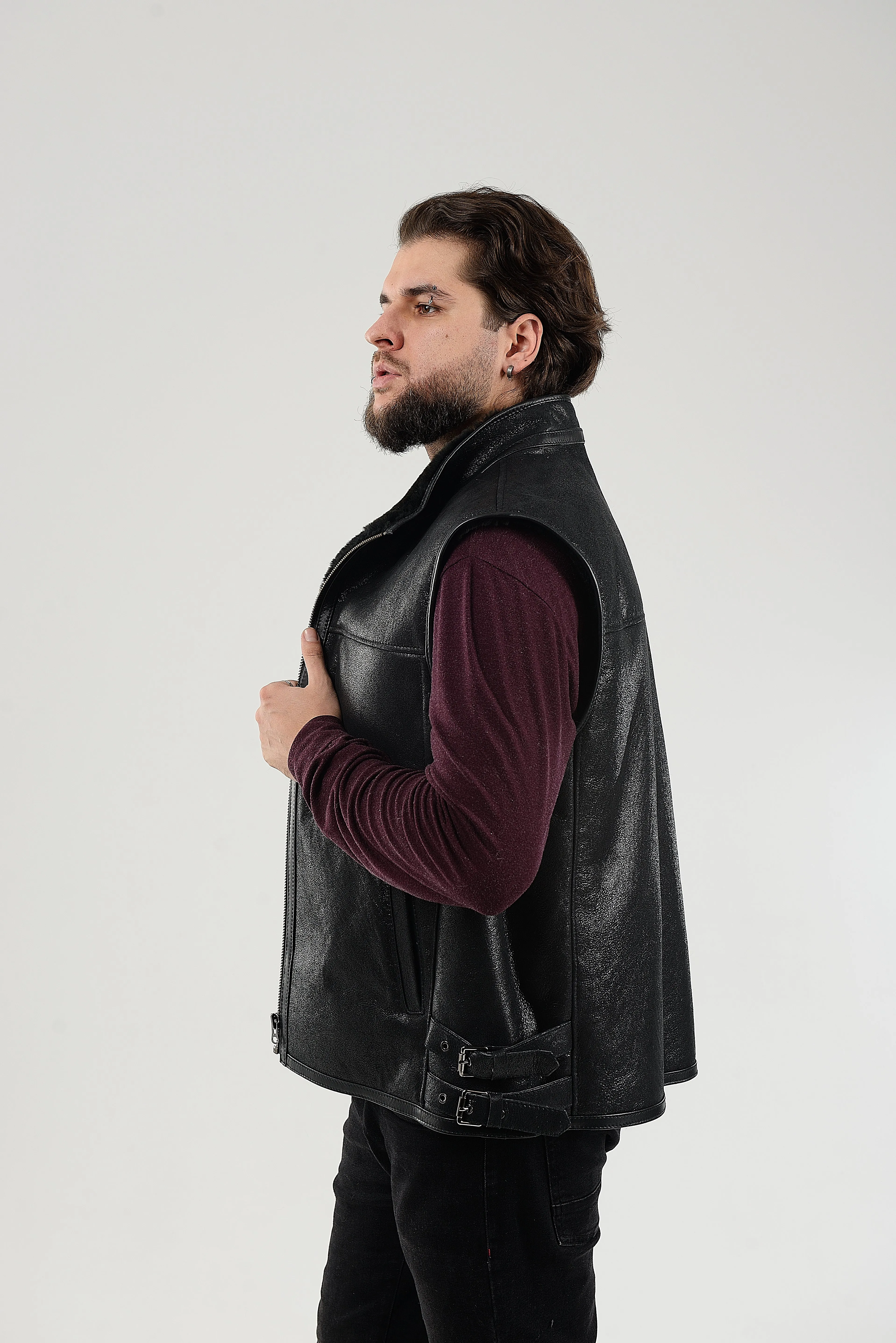 Black Sheepskin Shearling Vest with Special Spray Coating with Front-Zip Pocket