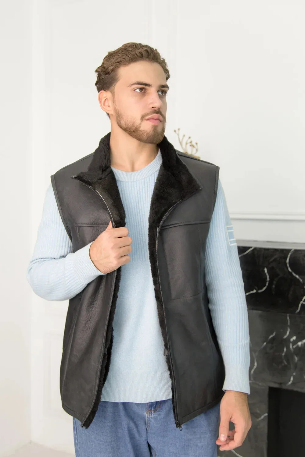 Black Sheepskin Vest with Dark Fur Lining and Side Pockets