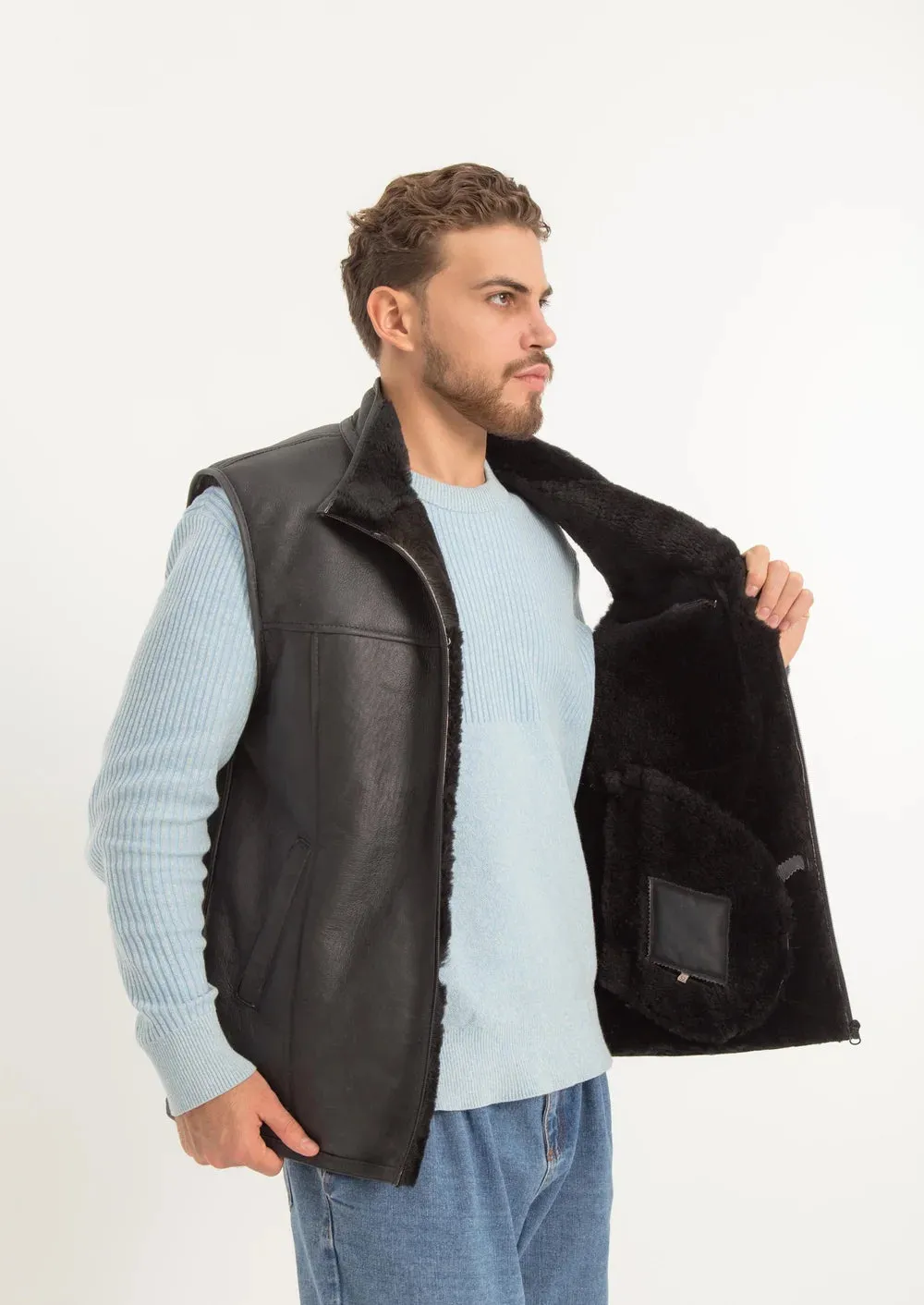 Black Sheepskin Vest with Dark Fur Lining and Side Pockets