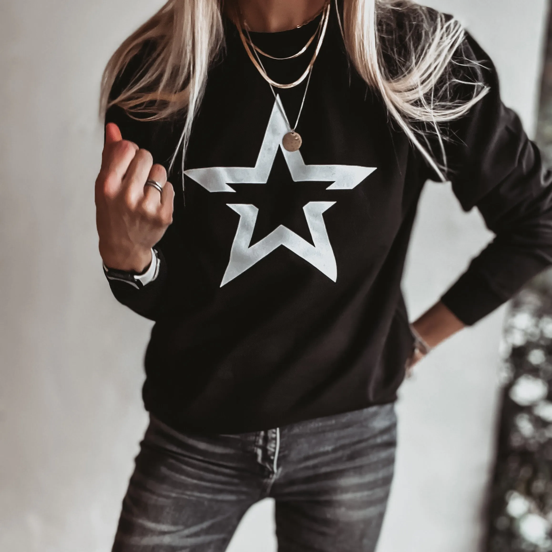 Black sweatshirt with a striking white star *boyfriend fit* *back in stock*