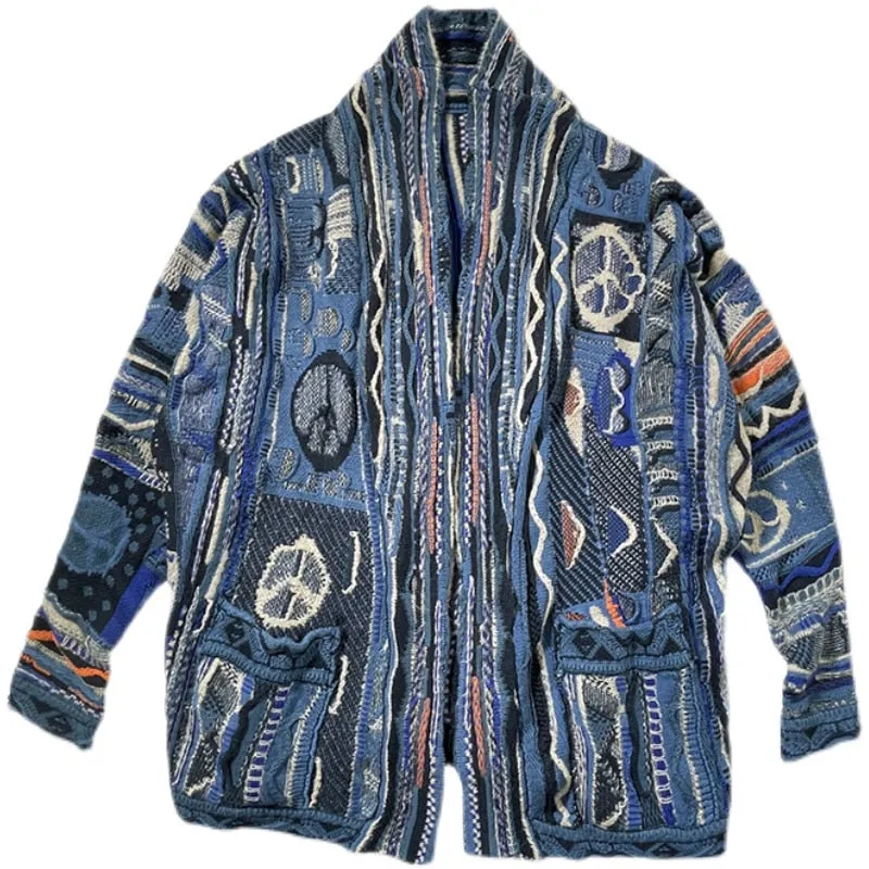 Blue Abstract Pattern Loose Cashmere Cardigan