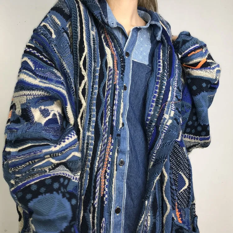 Blue Abstract Pattern Loose Cashmere Cardigan