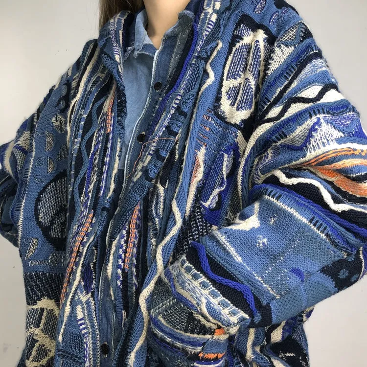 Blue Abstract Pattern Loose Cashmere Cardigan