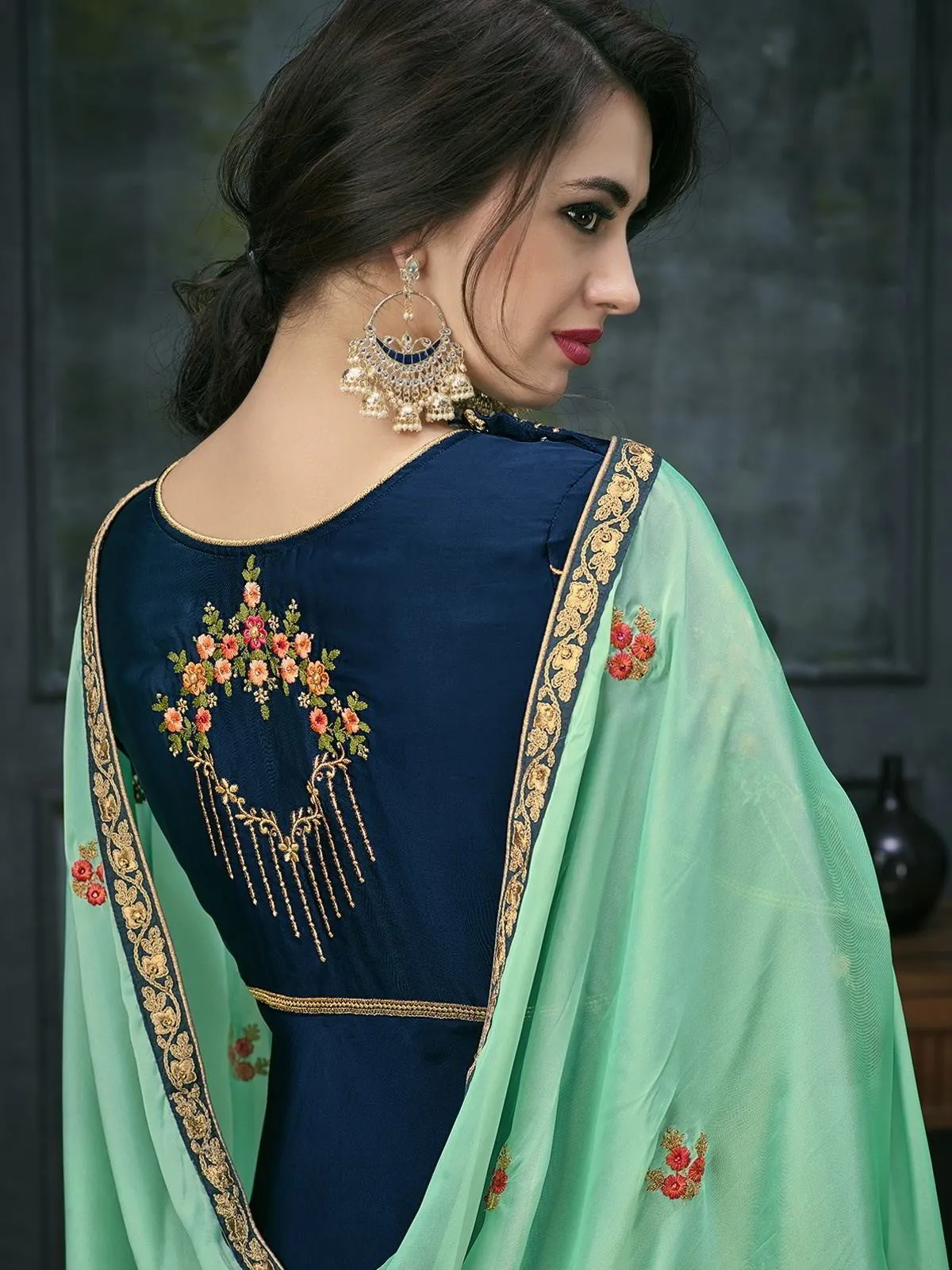 Blue Green Ethnic Embroidered Anarkali Suit