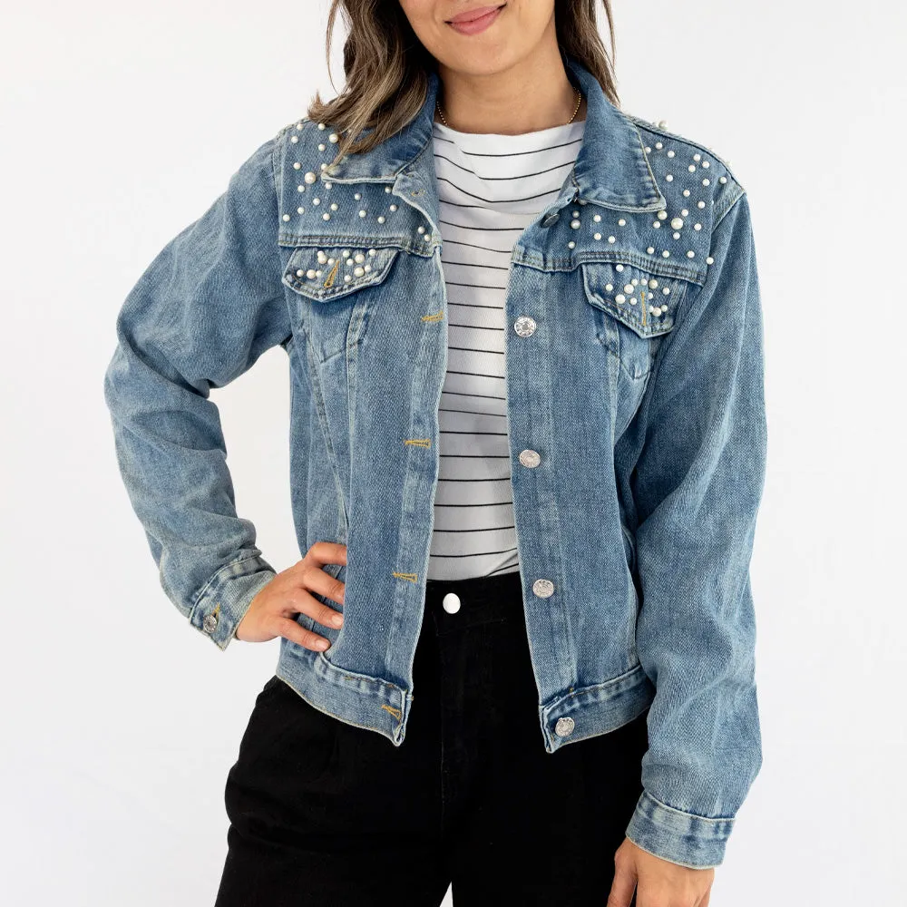 (Blue Pearl) Cursive Denim Jacket for Brides