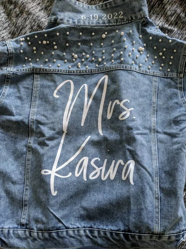 (Blue Pearl) Cursive Denim Jacket for Brides