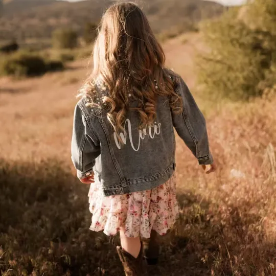 (Blue Pearl) Custom Bow & Name Flower Girl Denim Jacket