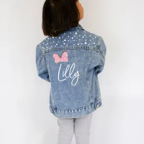 (Blue Pearl) Custom Bow & Name Flower Girl Denim Jacket