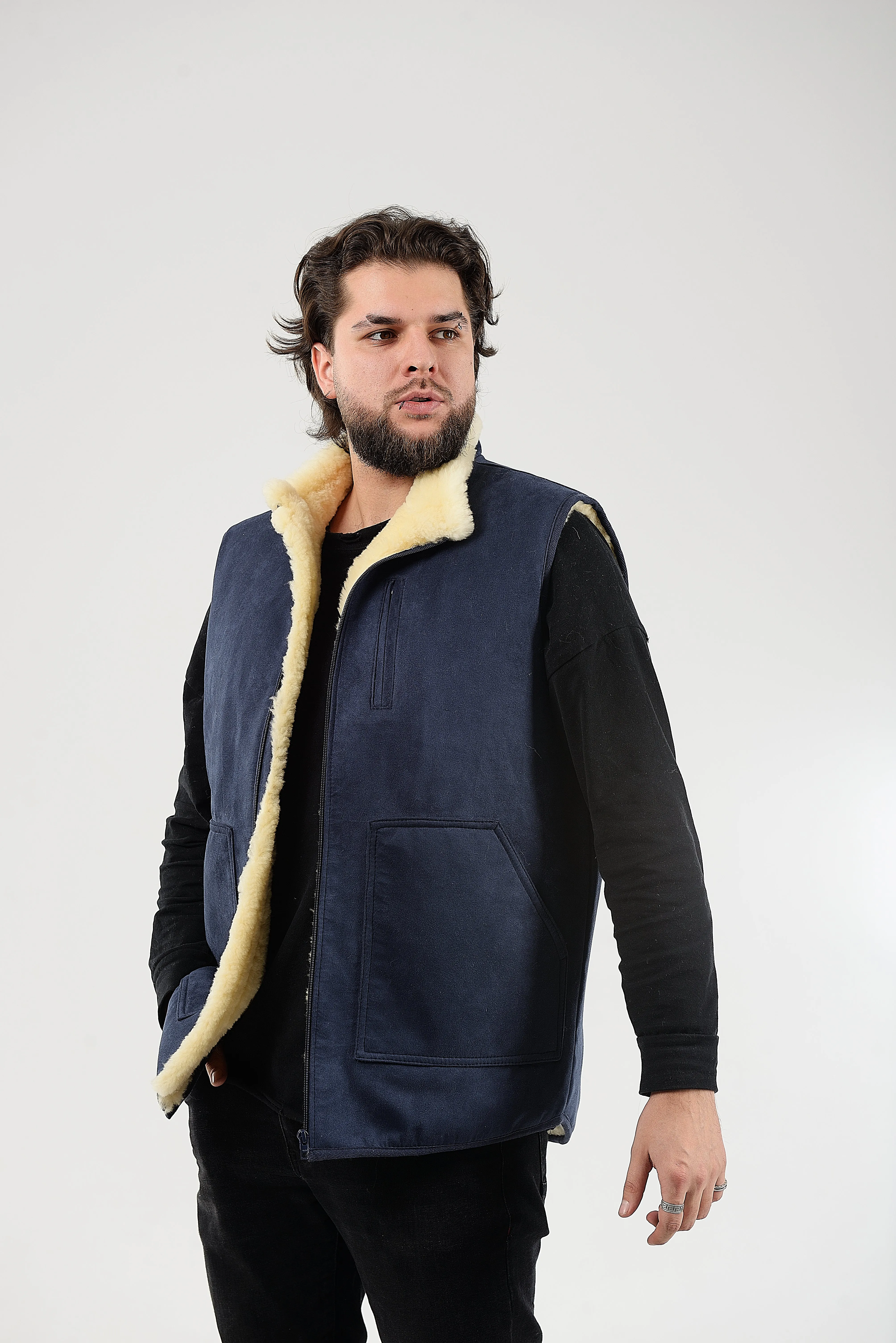 Blue Sheepskin Vest with Patch Pocket Medical Sheepskin Hypoallergenic