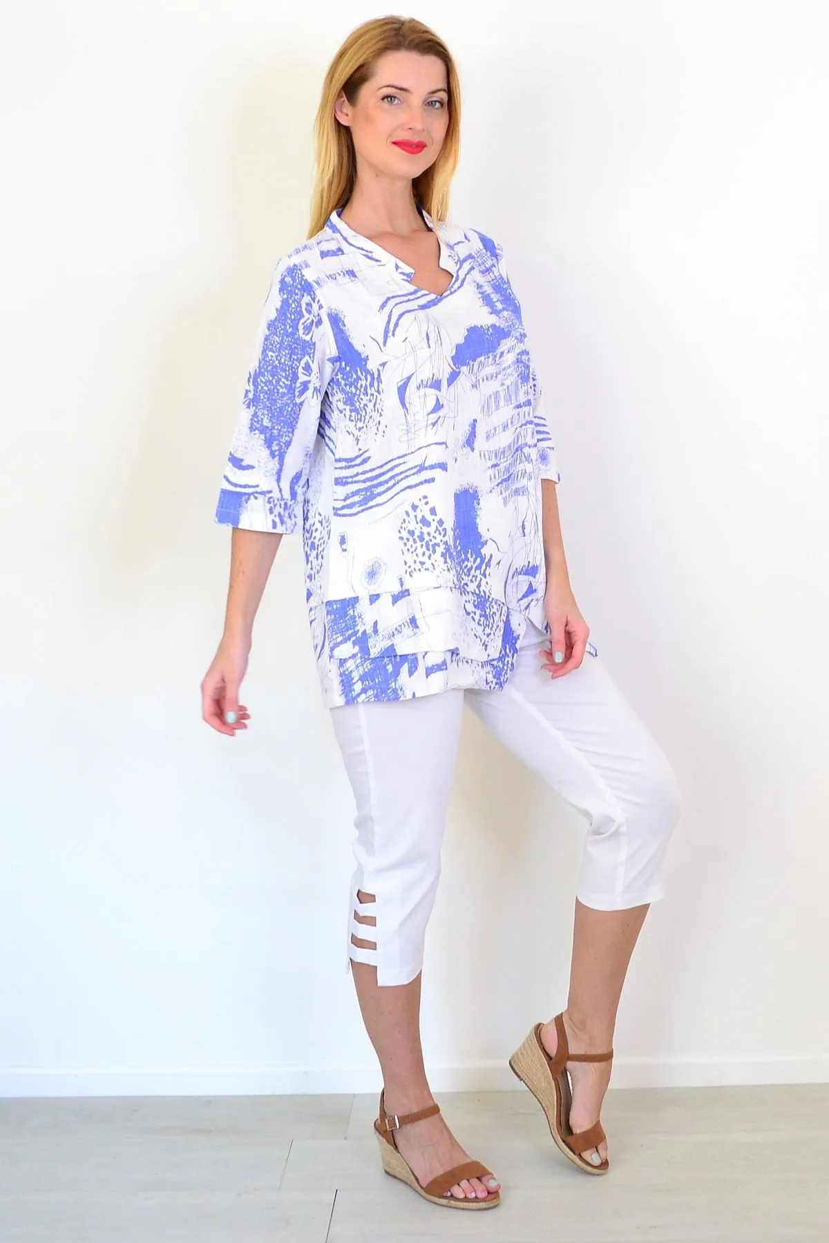 Blue Splash Linen Blend Tunic Top