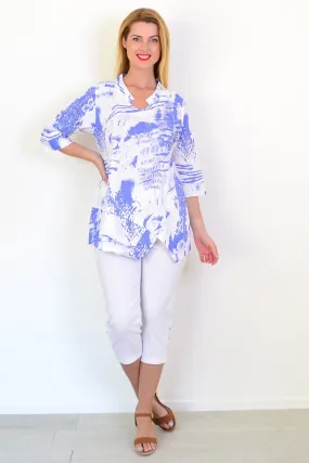 Blue Splash Linen Blend Tunic Top