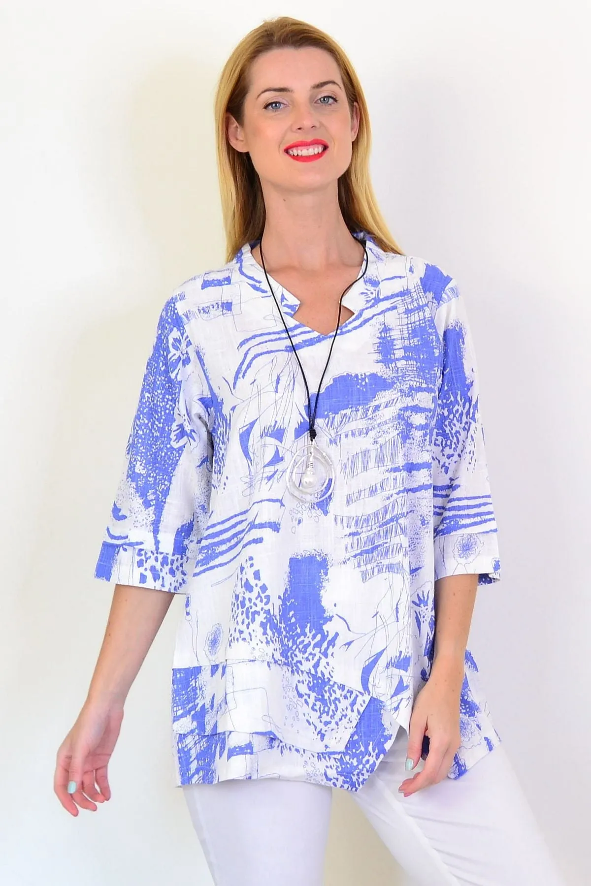 Blue Splash Linen Blend Tunic Top