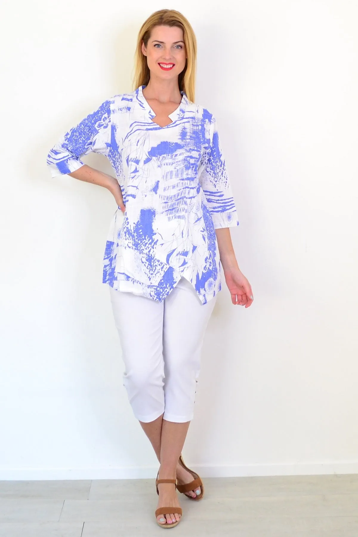 Blue Splash Linen Blend Tunic Top