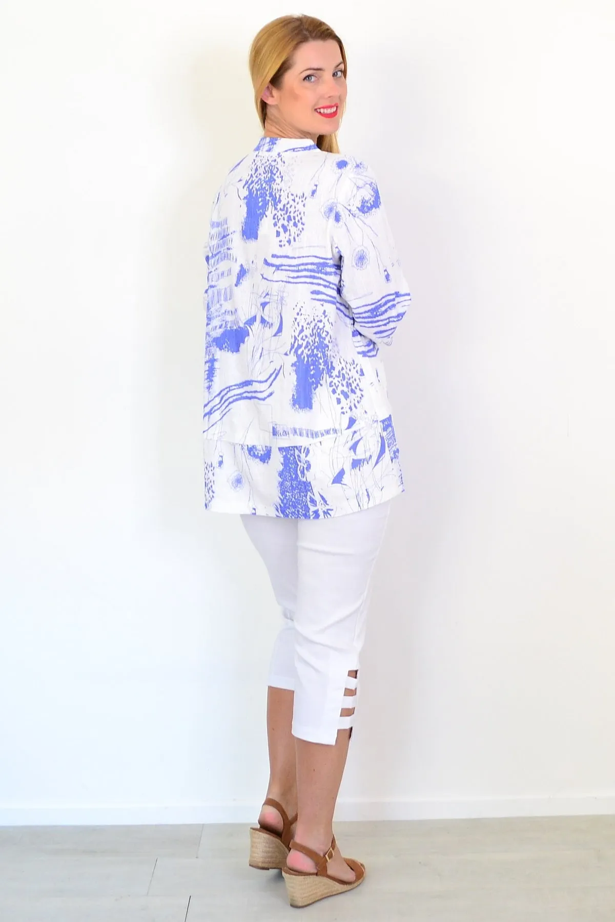 Blue Splash Linen Blend Tunic Top