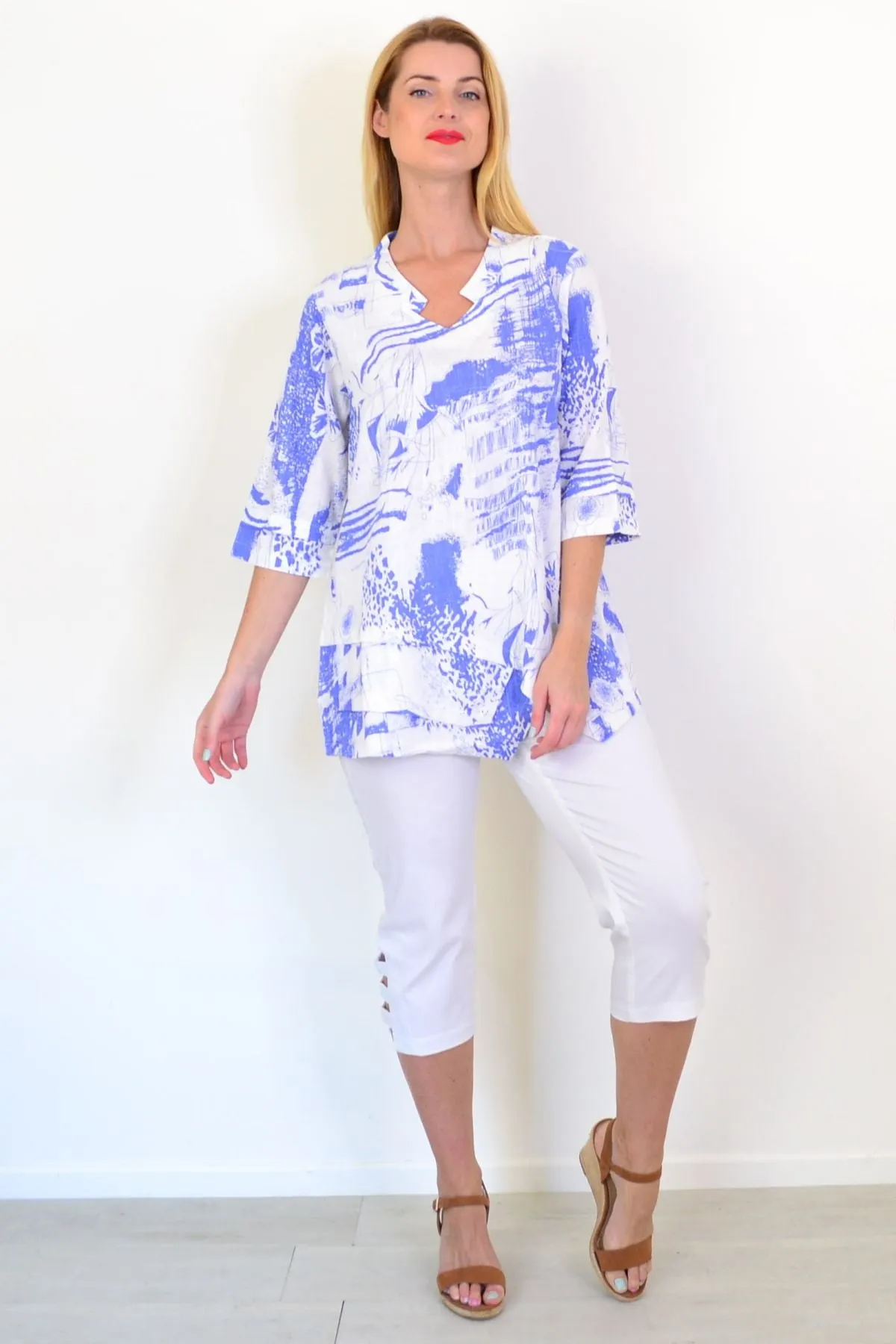 Blue Splash Linen Blend Tunic Top