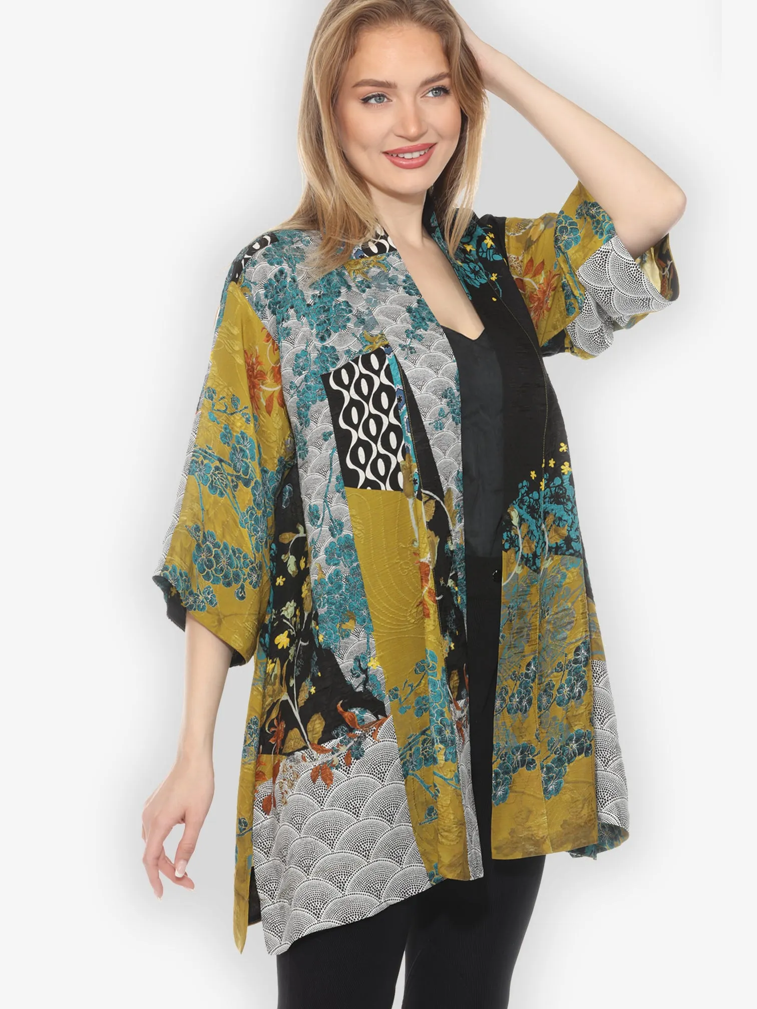 Bohemian Mixed Art in Black Silk Kimono Jacket