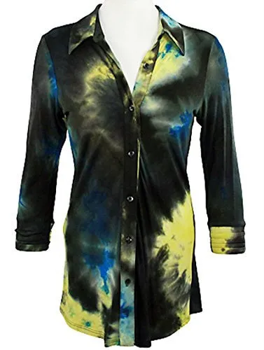 Boho Chic - Sun Spots, Layered Cuff Long Sleeve, Button Front Tie Dye Tunic Top