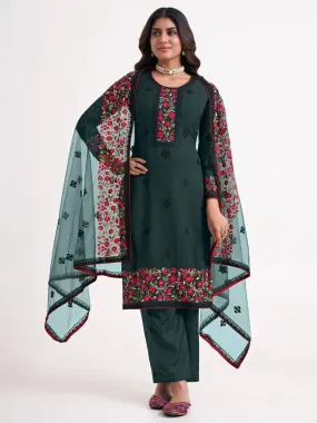 Bottle Green Georgette Multi Color Thread Embroidered Suit Set with Net Dupatta