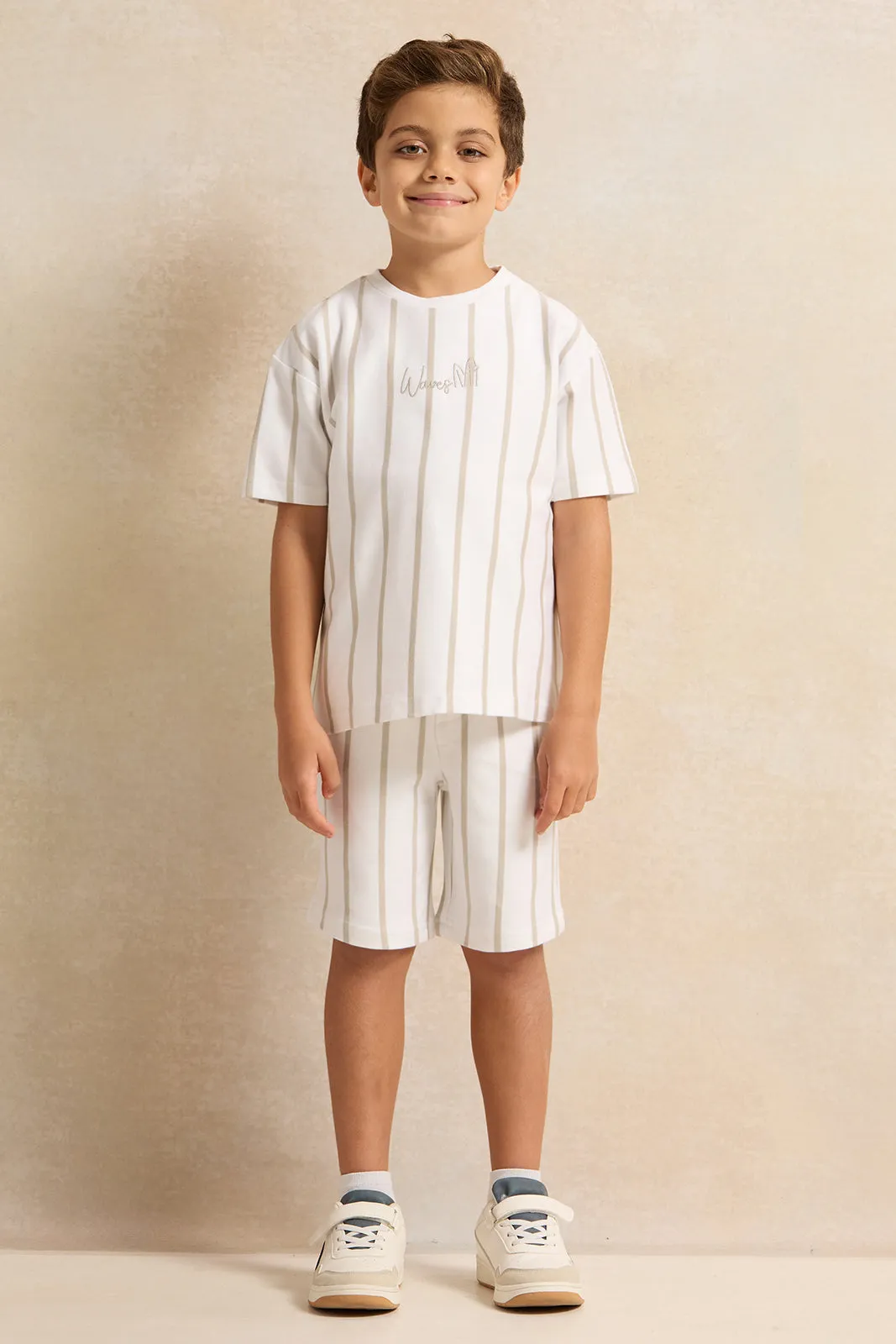 Boys White Striped T-Shirt And Shorts Set (2 Piece)