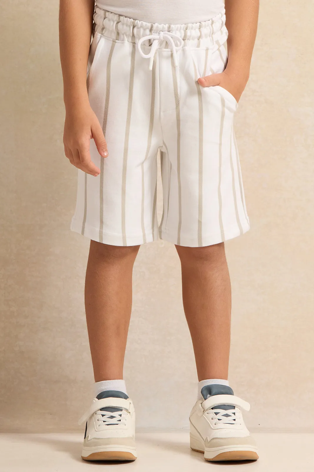 Boys White Striped T-Shirt And Shorts Set (2 Piece)