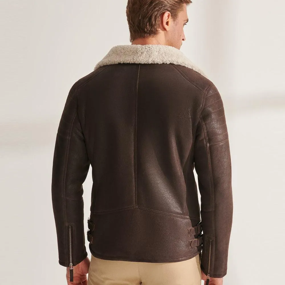 Brown B3 Pilot Sheepskin Shearling Aviator Biker Jacket for Men