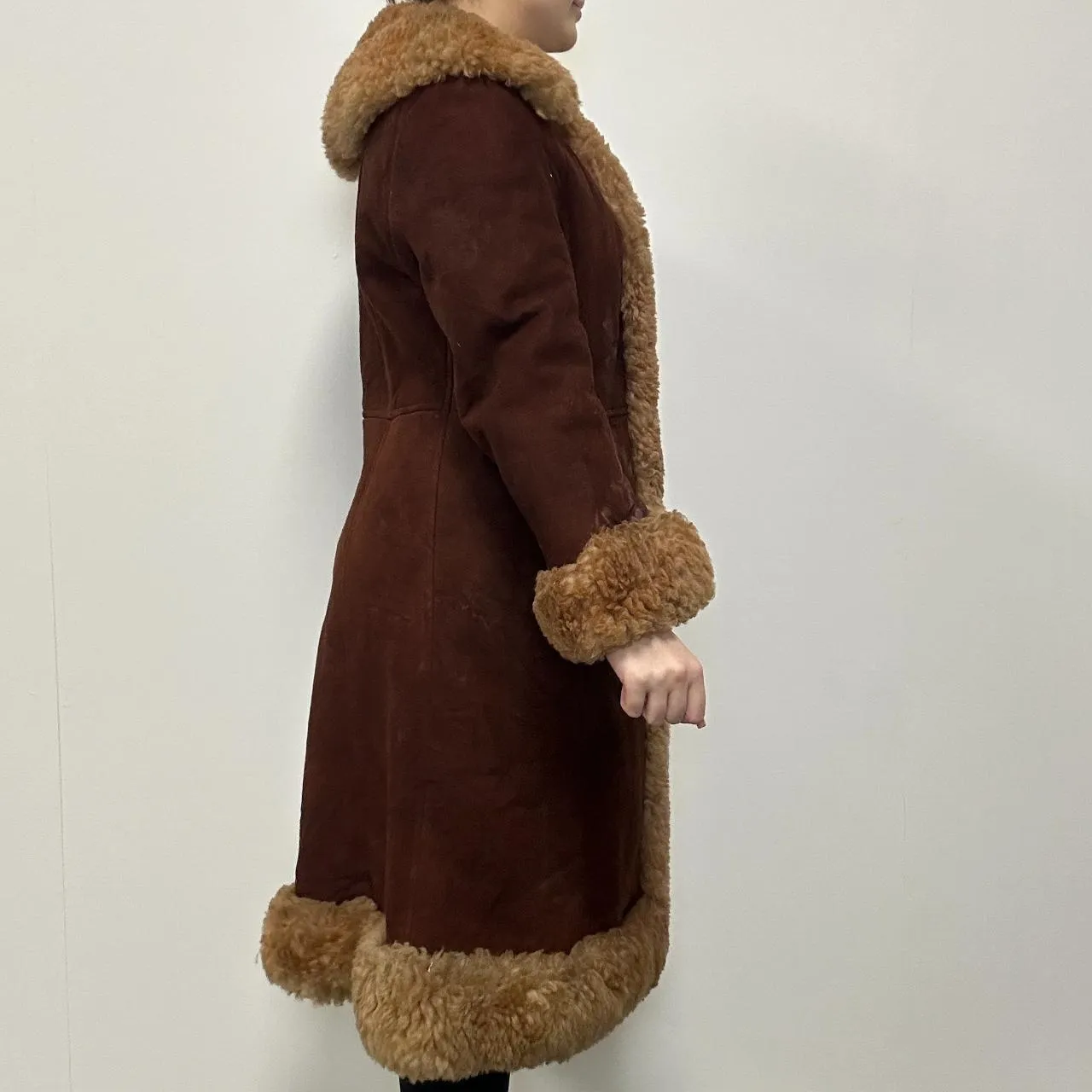 Brown Genuine Sheepskin Shearling Suede Coat - Medium