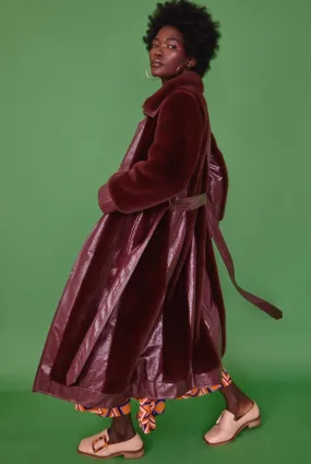 Burgundy Faux Fur Panel Maxi Coat