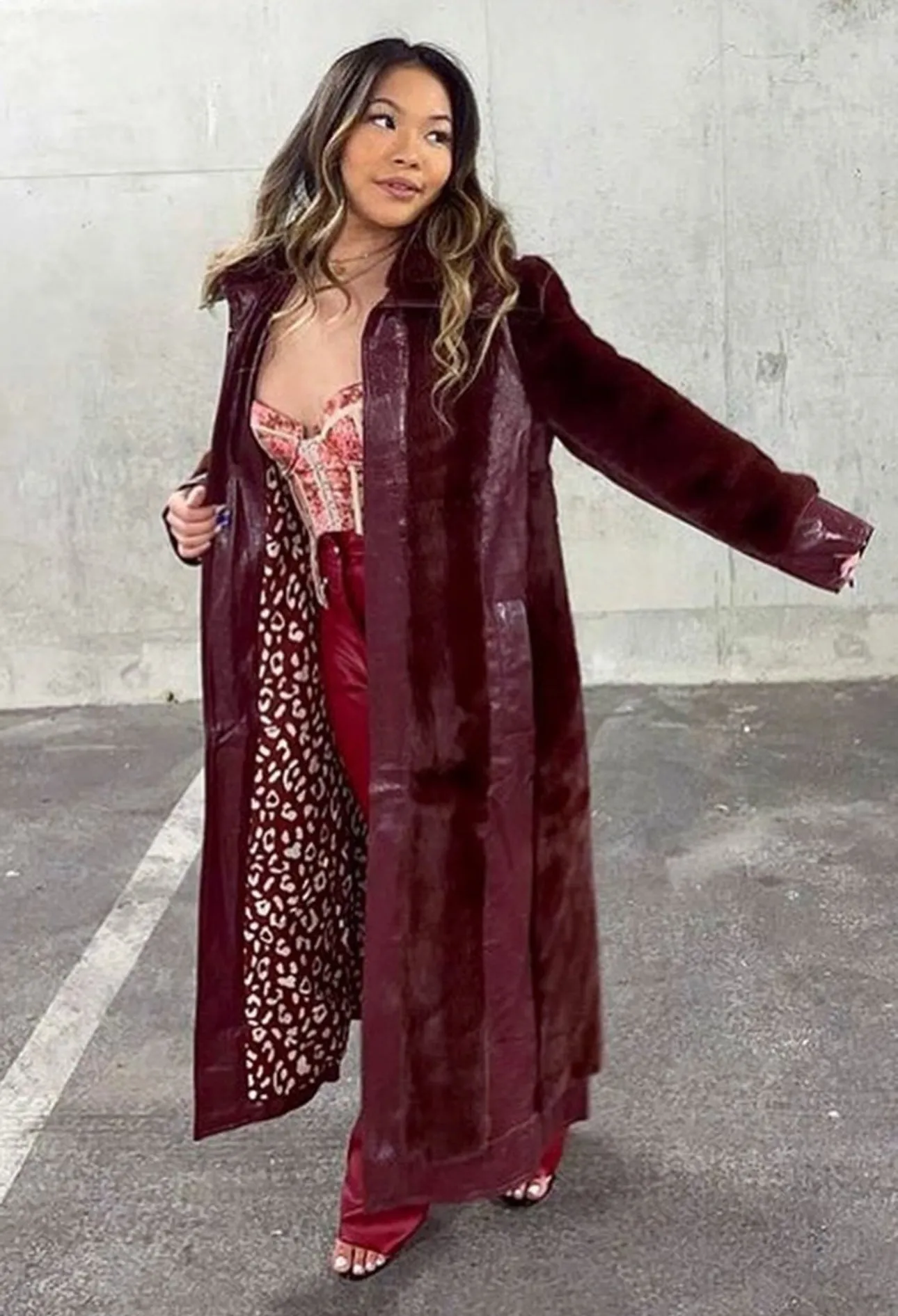 Burgundy Faux Fur Panel Maxi Coat