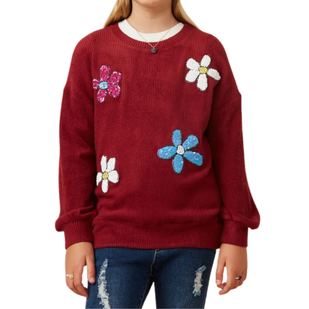 Burgundy Sequin Floral Patched Brushed Rib Knit Top