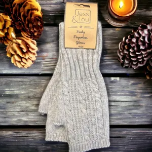 Cable Knit Fingerless Gloves - Grey