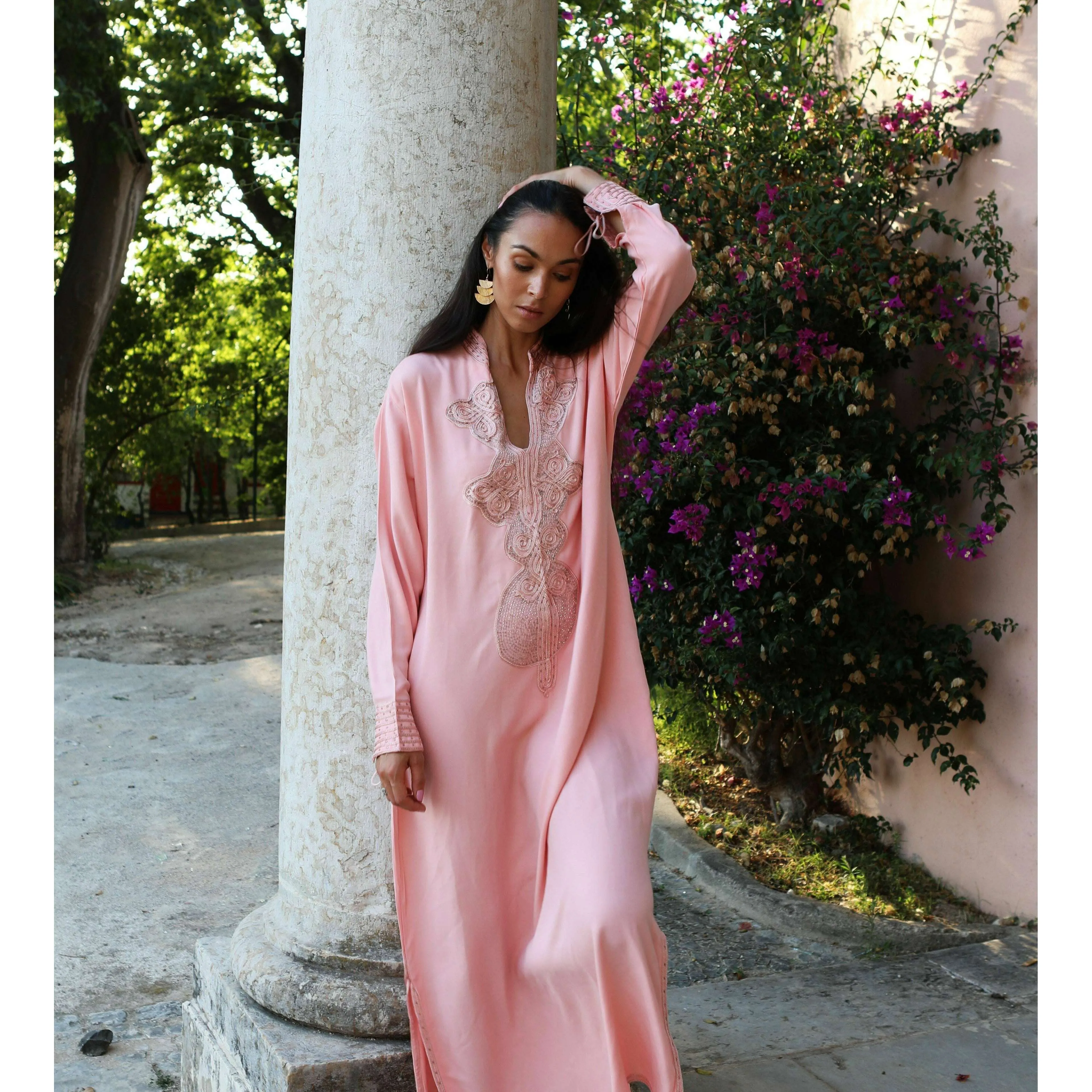 Champagne Pink Embroidered Moroccan Aisha Kaftan- Moroccan Kaftan