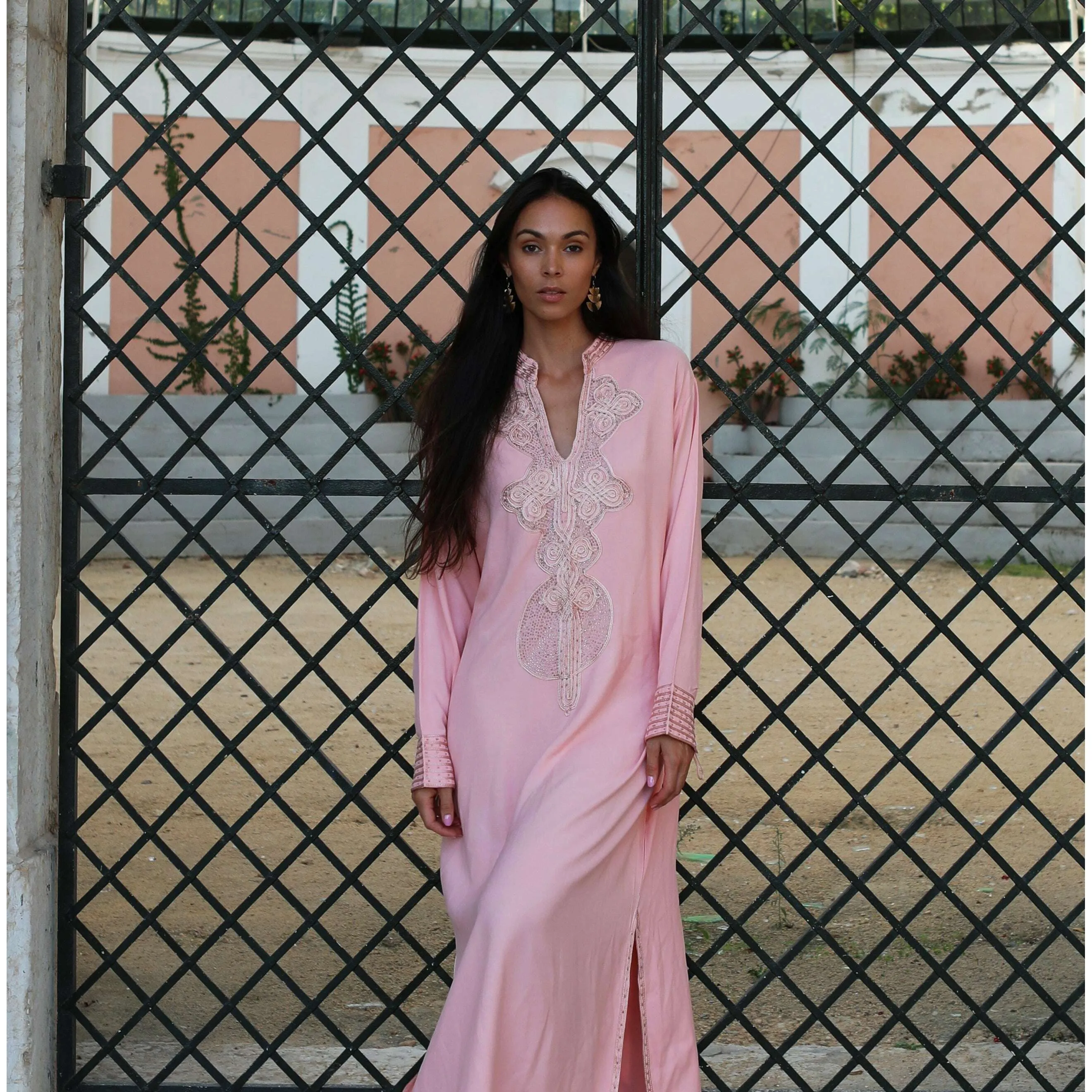 Champagne Pink Embroidered Moroccan Aisha Kaftan- Moroccan Kaftan