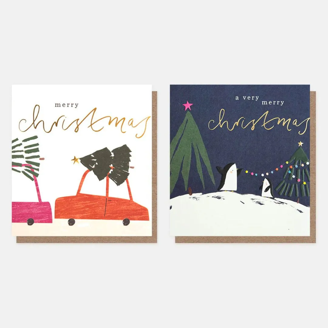 Christmas Card 8 Pack | Car with Tree & Penguin Snow Scene