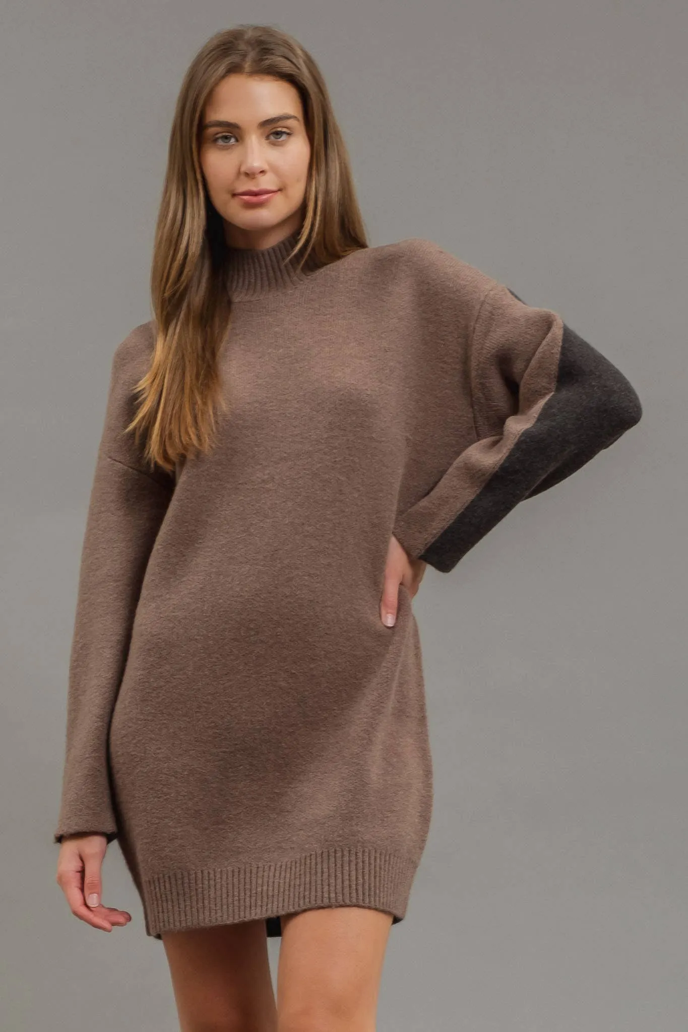 COLORBLOCK MOCK NECK LONG SLEEVE SWEATER DRESS