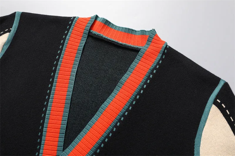 Contrasting Colors Line Decoration Knitted Cardigan