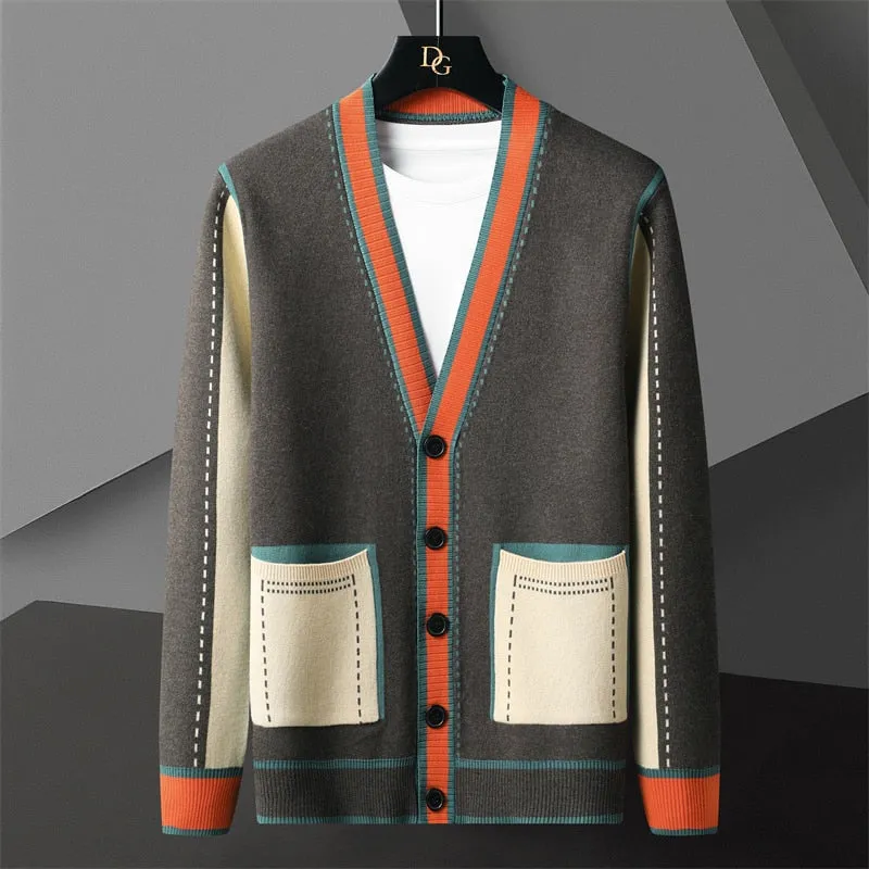 Contrasting Colors Line Decoration Knitted Cardigan