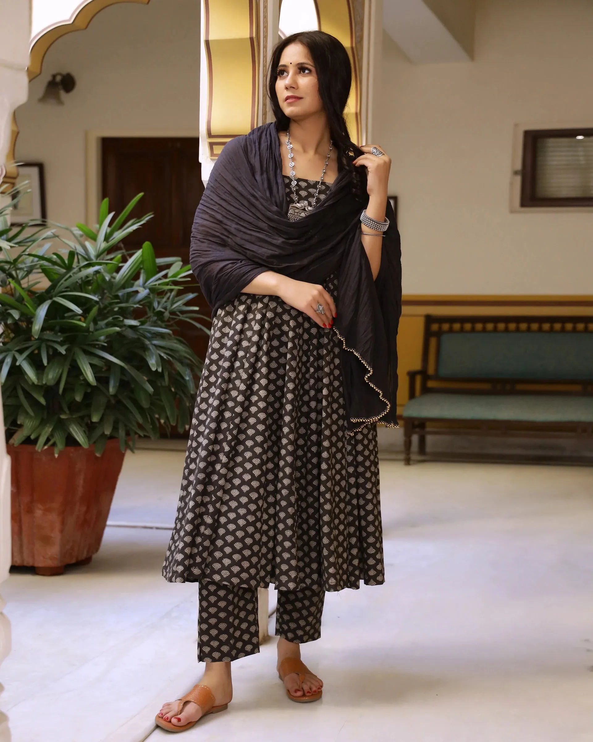 Cotton Black Printed Kurta Pant Set with Mulmul Dupatta