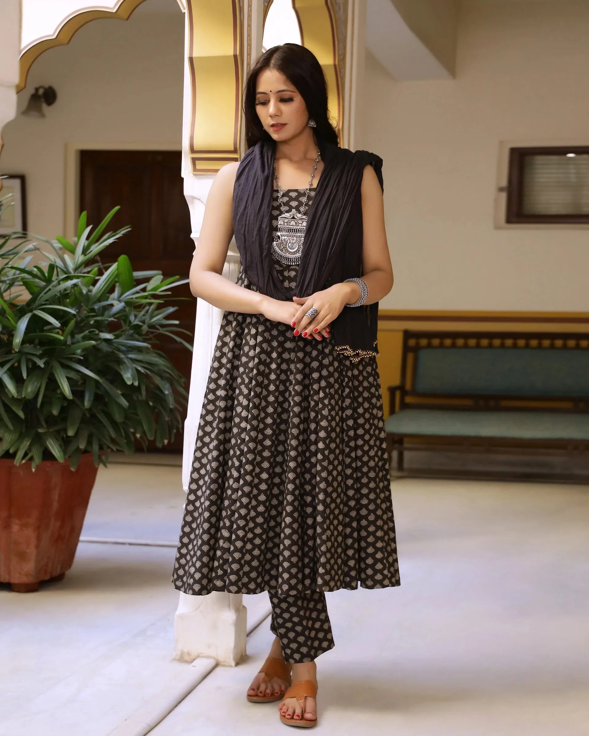 Cotton Black Printed Kurta Pant Set with Mulmul Dupatta