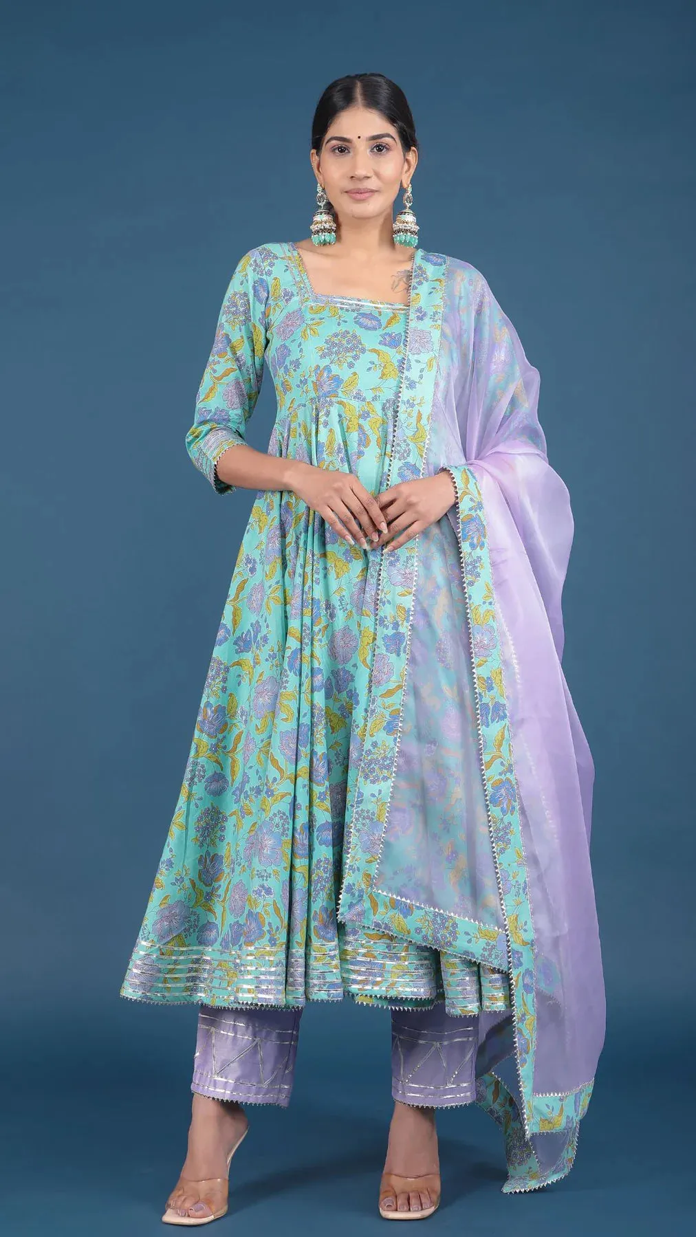 Cotton Blue Floral Print Anarkali Kurta with Cotton Silk Botton with Organza Dupatta