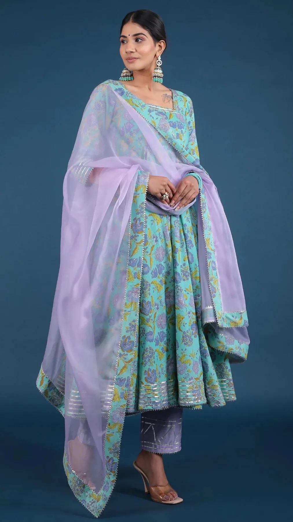 Cotton Blue Floral Print Anarkali Kurta with Cotton Silk Botton with Organza Dupatta