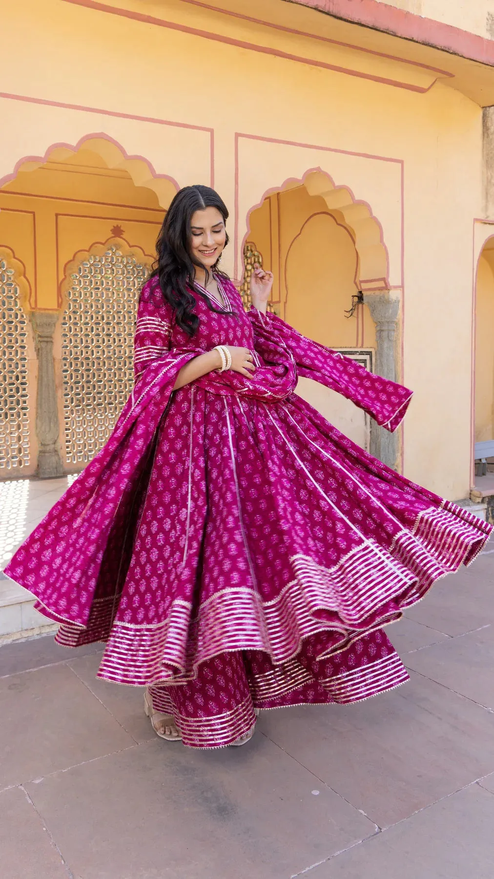 Cotton Booti Pink Printed & Lace Detailing Anarkali Set with Dupatta