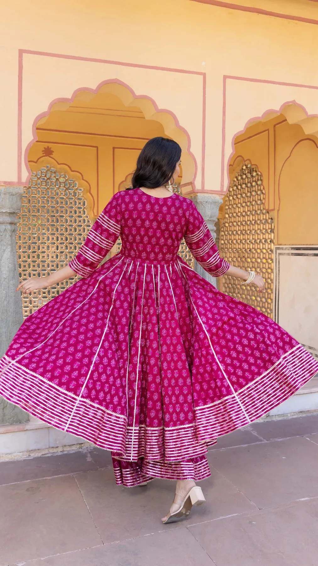 Cotton Booti Pink Printed & Lace Detailing Anarkali Set with Dupatta