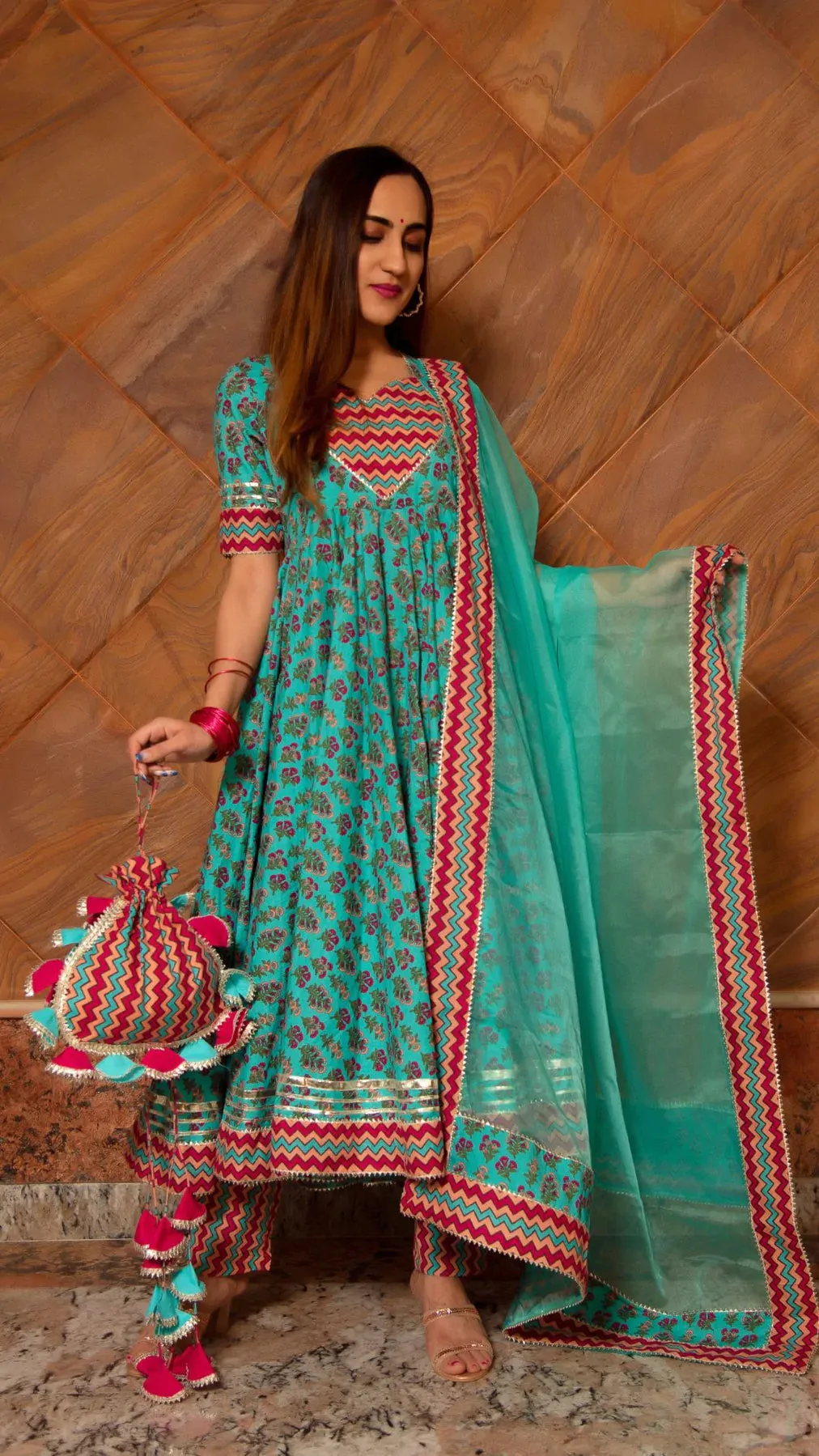 Cotton Green Printed Anarkali Suit Set with Organza Dupatta