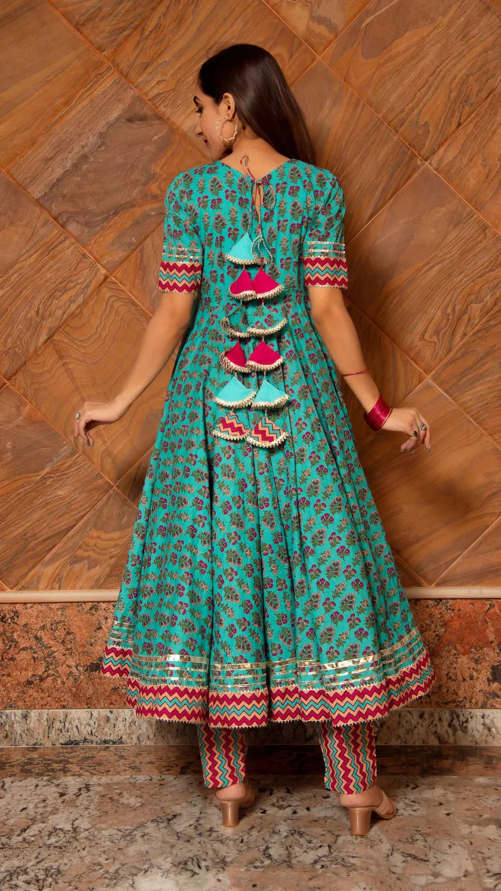 Cotton Green Printed Anarkali Suit Set with Organza Dupatta